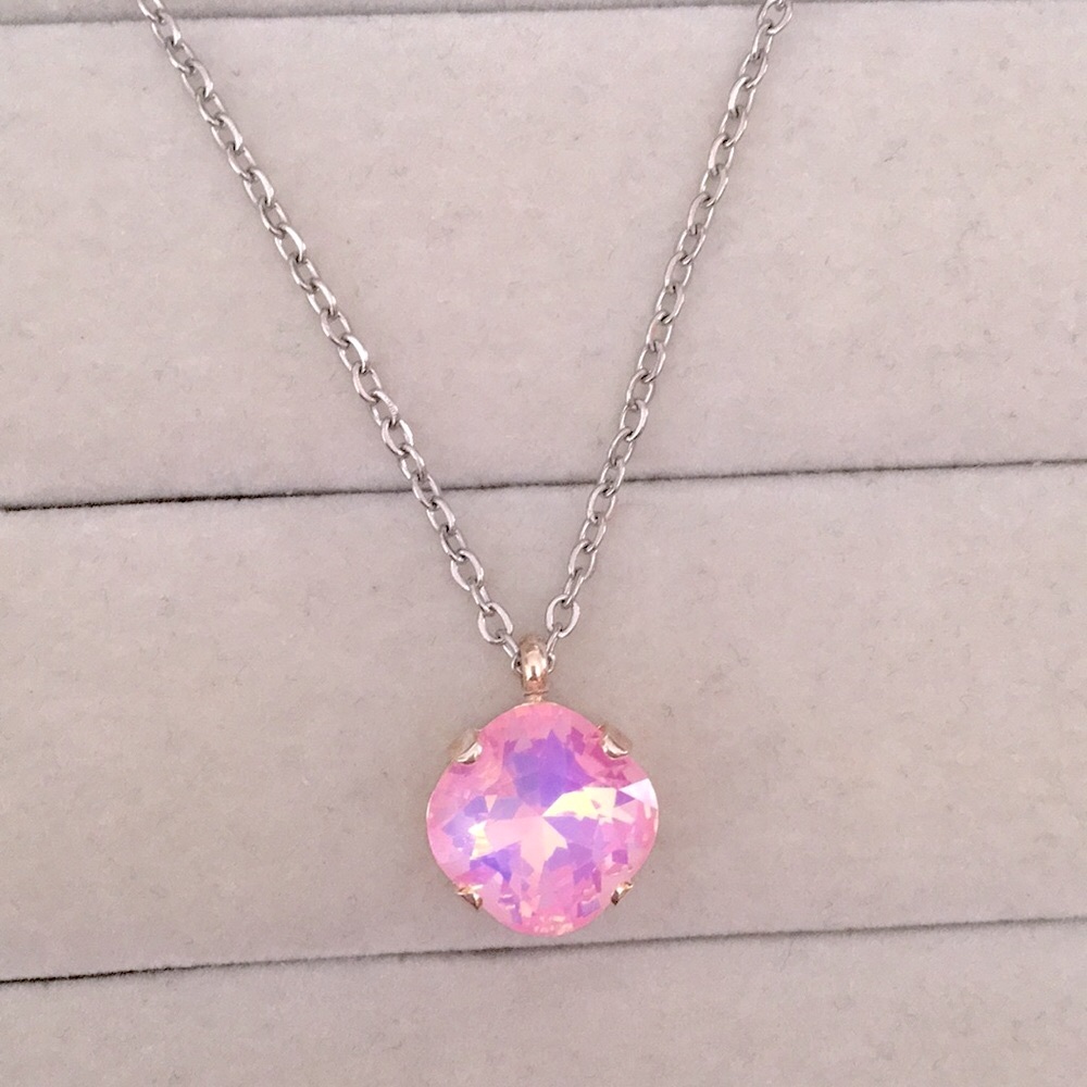 Pink Opal Aurora Borealis + Silver Cushion Cut Crystal Drop Pendant Necklace - Picture 1 of 7